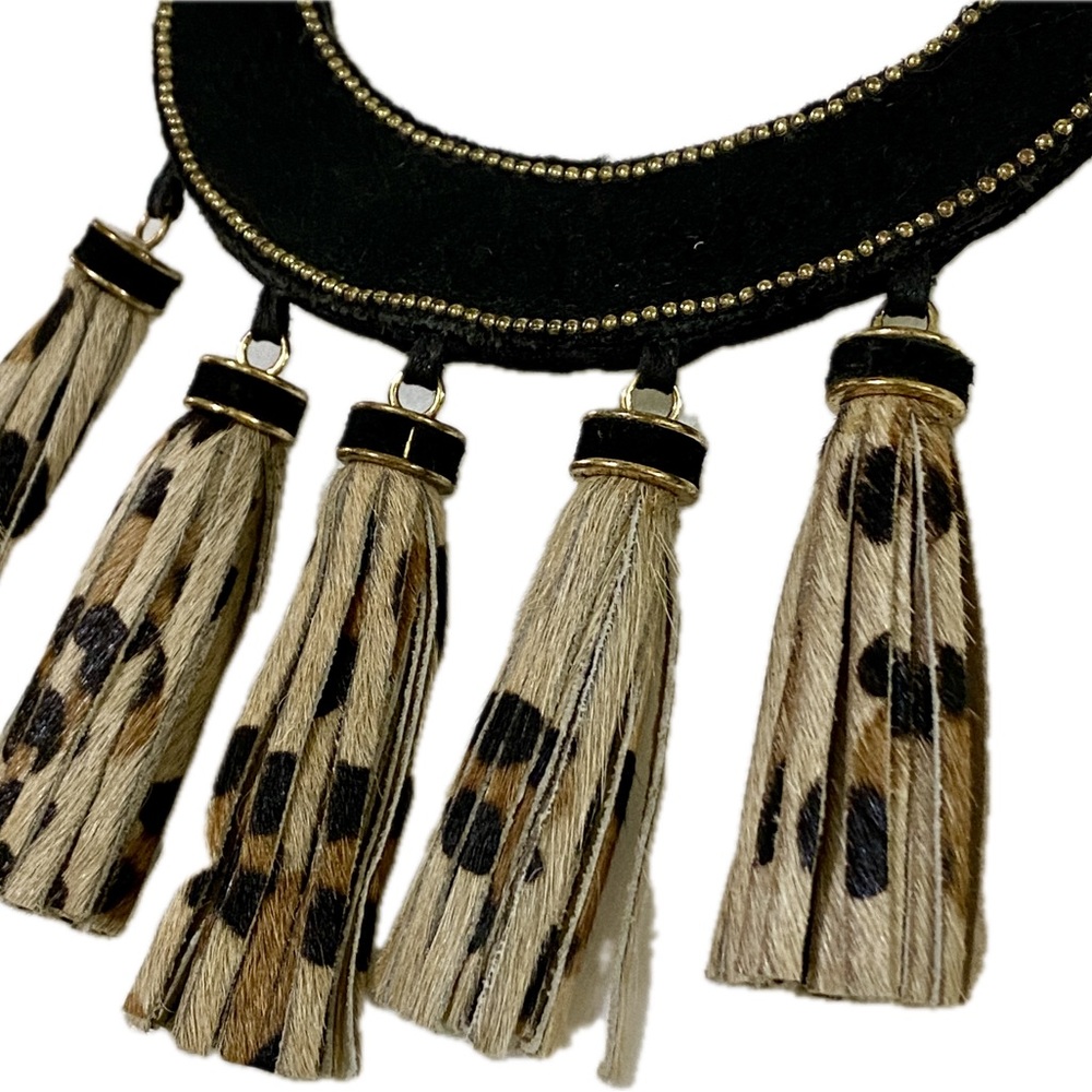Leopard Genuine Printed Leather Tribal Bib Festival Necklace Collar with Tassels - Picture 2 of 5